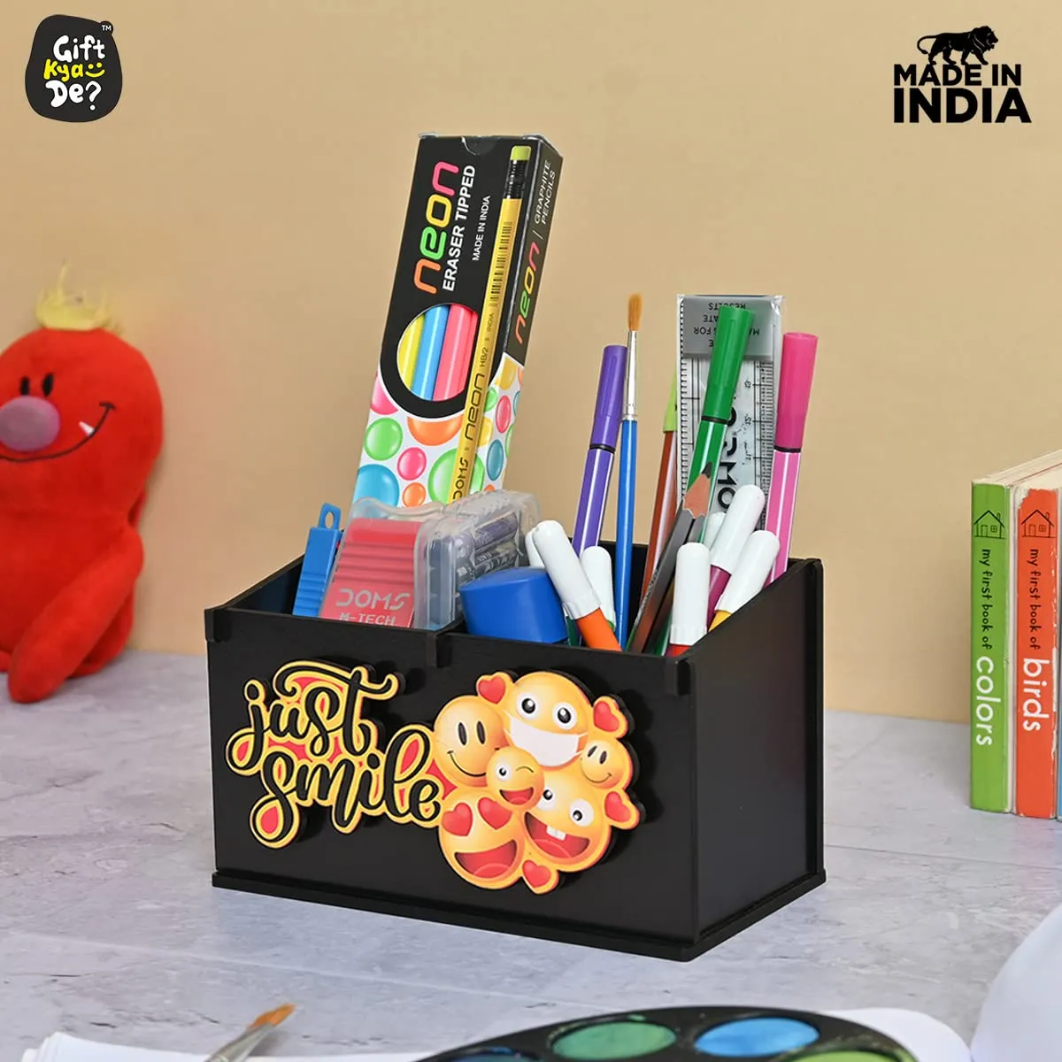 2 Compartment Funky Cosmetic Organizer | Desk Organizer For Girls | Makeup Box With Smileys And Emoji (Eco Friendly)