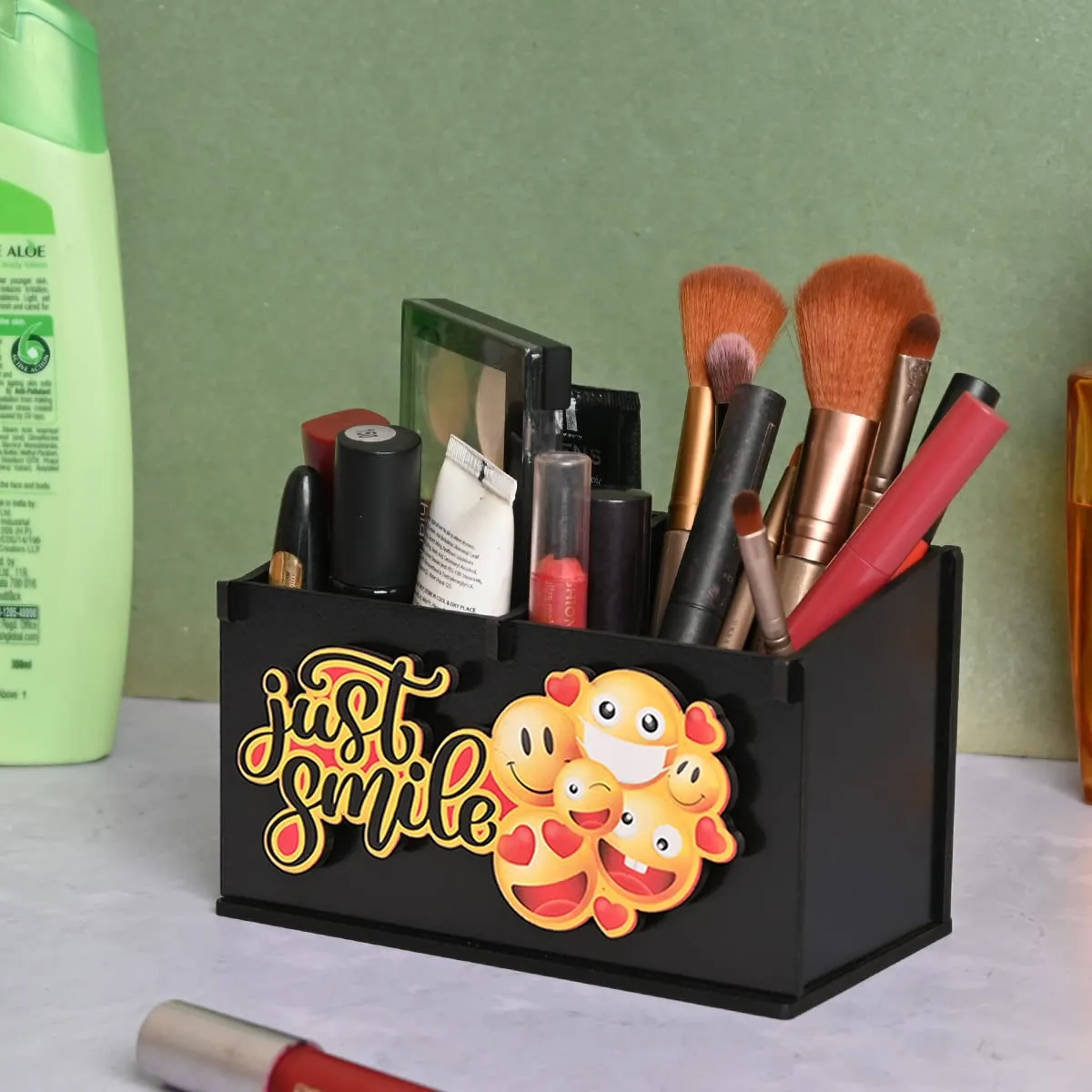 2 Compartment Funky Cosmetic Organizer | Desk Organizer For Girls | Makeup Box With Smileys And Emoji (Eco Friendly)