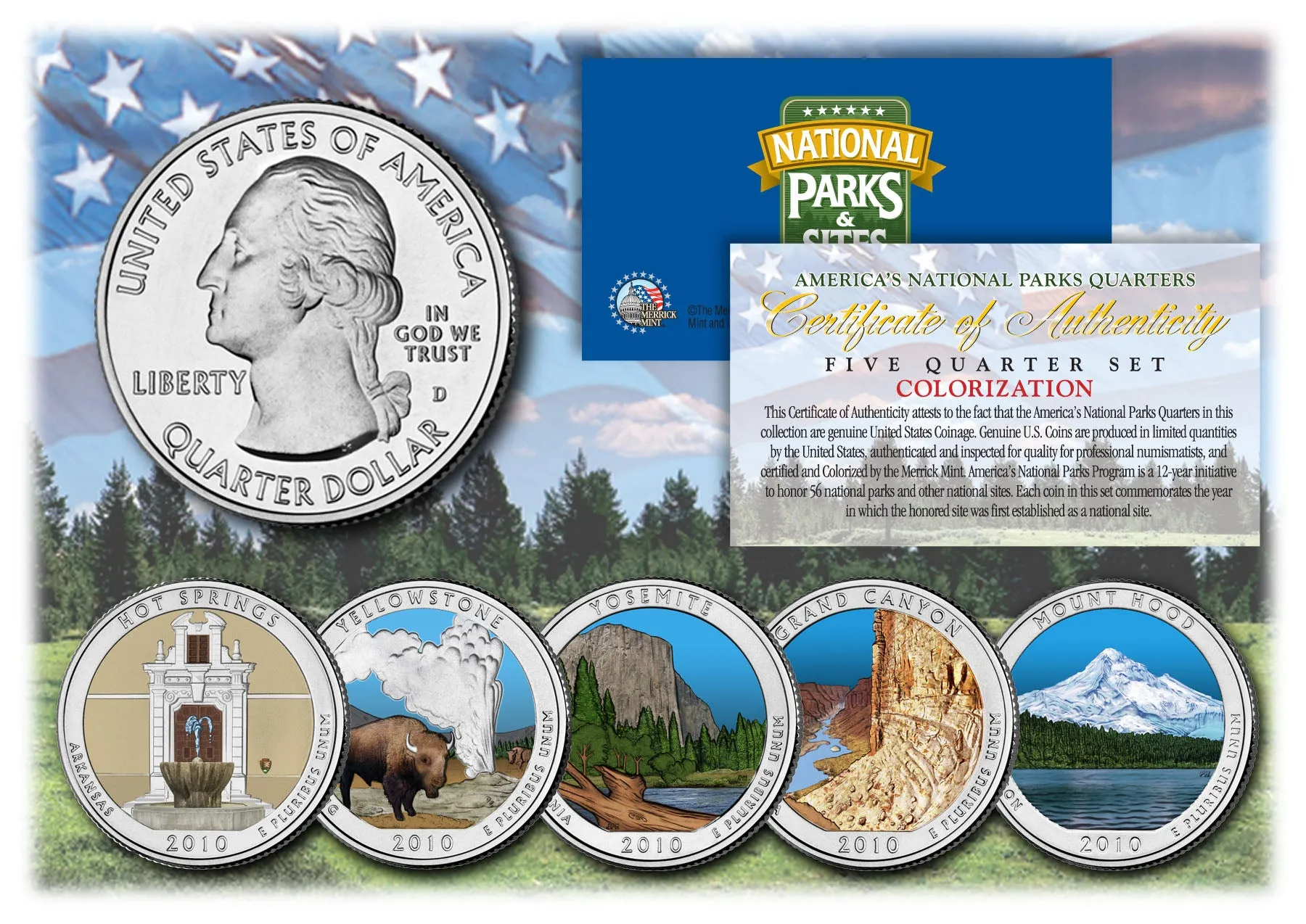 2010 America The Beautiful COLORIZED Quarters U.S. Parks 5-Coin Set with Capsules