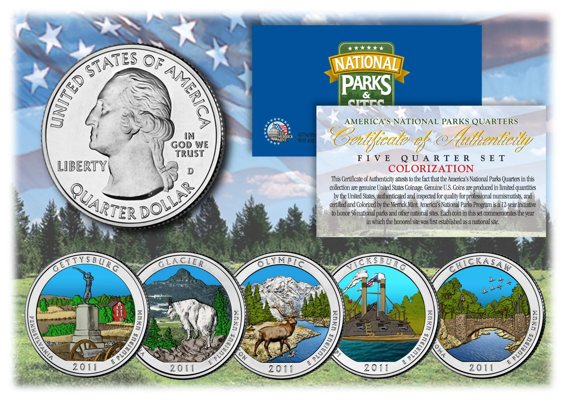 2011 America The Beautiful COLORIZED Quarters U.S. Parks 5-Coin Set with Capsules