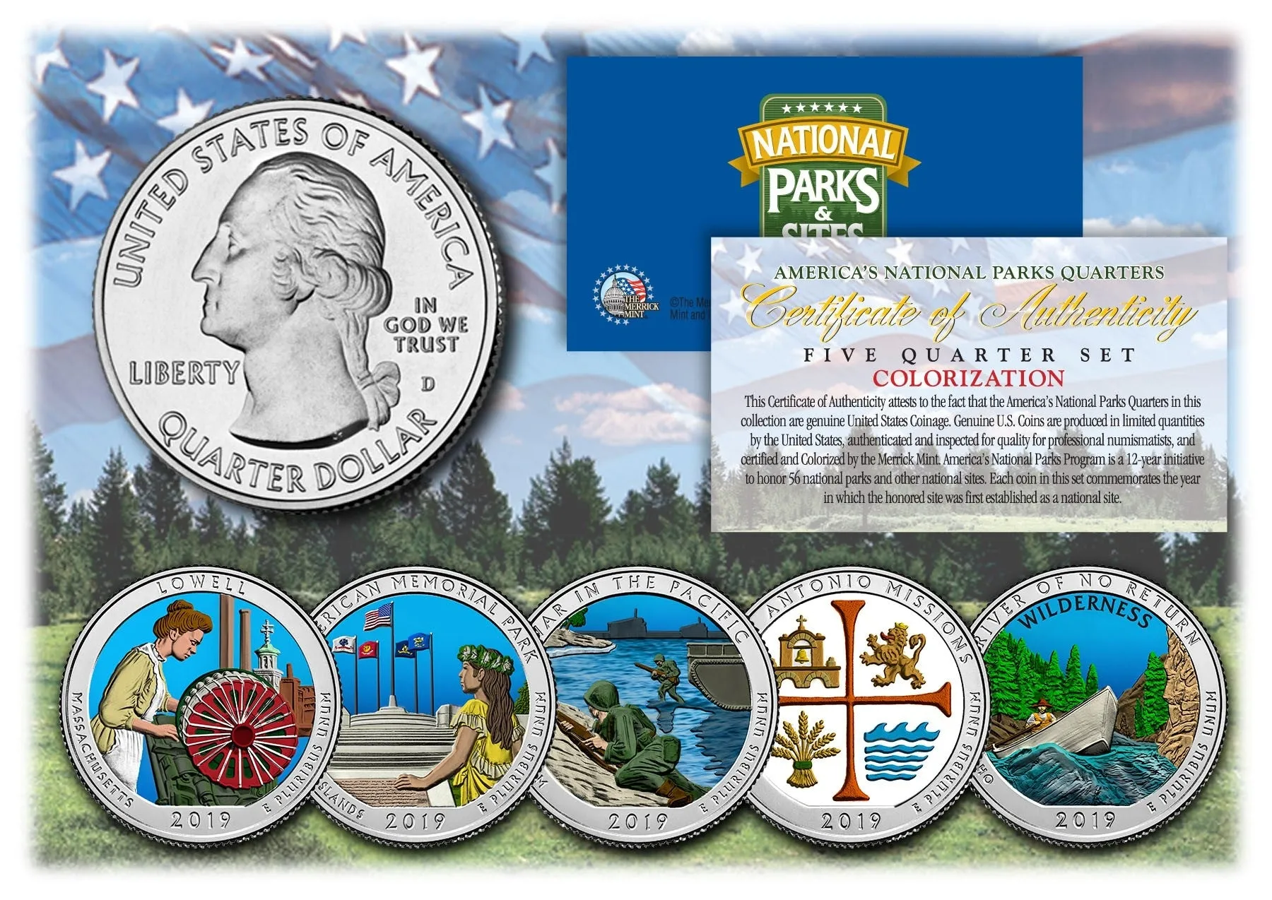 2019 America The Beautiful COLORIZED Quarters U.S. Parks 5-Coin Set with Capsules