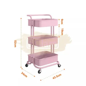 3-Tier All Metal Storage Organizer Rolling Cart with handle | Pink