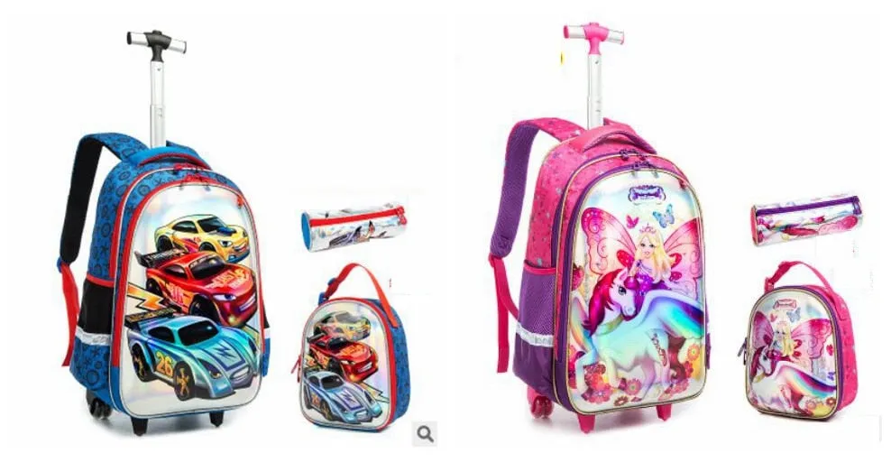 3D Cartoon Print kids Student Trolley Bags Set