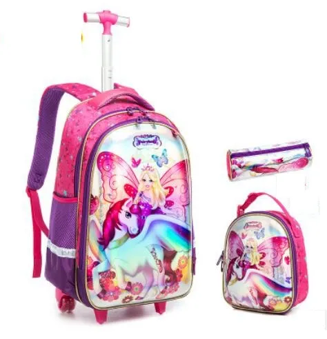 3D Cartoon Print kids Student Trolley Bags Set