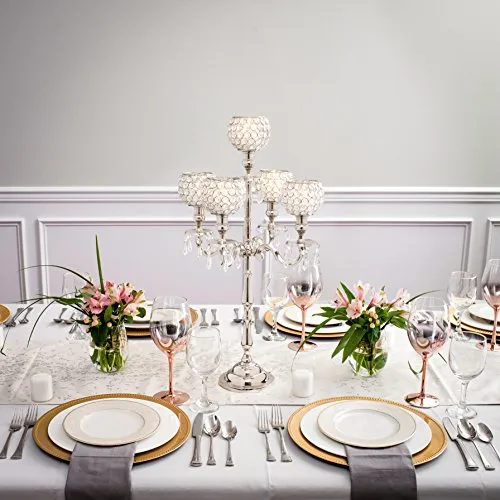 5 Candle Silver Candelabra With Crystal Studded Globes And Hanging Crystal Drops - Elegant Wedding Party Centerpiece - 24 Inch