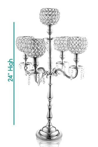 5 Candle Silver Candelabra With Crystal Studded Globes And Hanging Crystal Drops - Elegant Wedding Party Centerpiece - 24 Inch