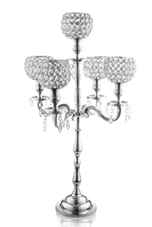 5 Candle Silver Candelabra With Crystal Studded Globes And Hanging Crystal Drops - Elegant Wedding Party Centerpiece - 24 Inch