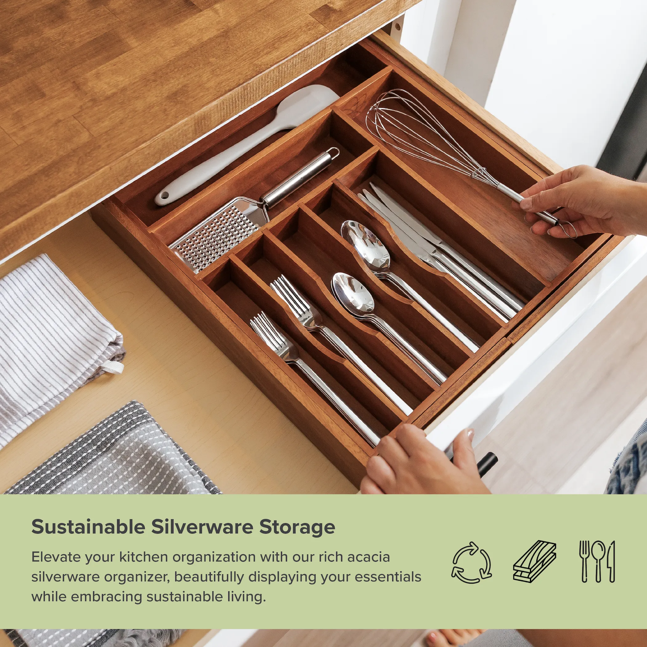Acacia Drawer Organizer for Silverware & Utensils (Expands 15.75-28in)