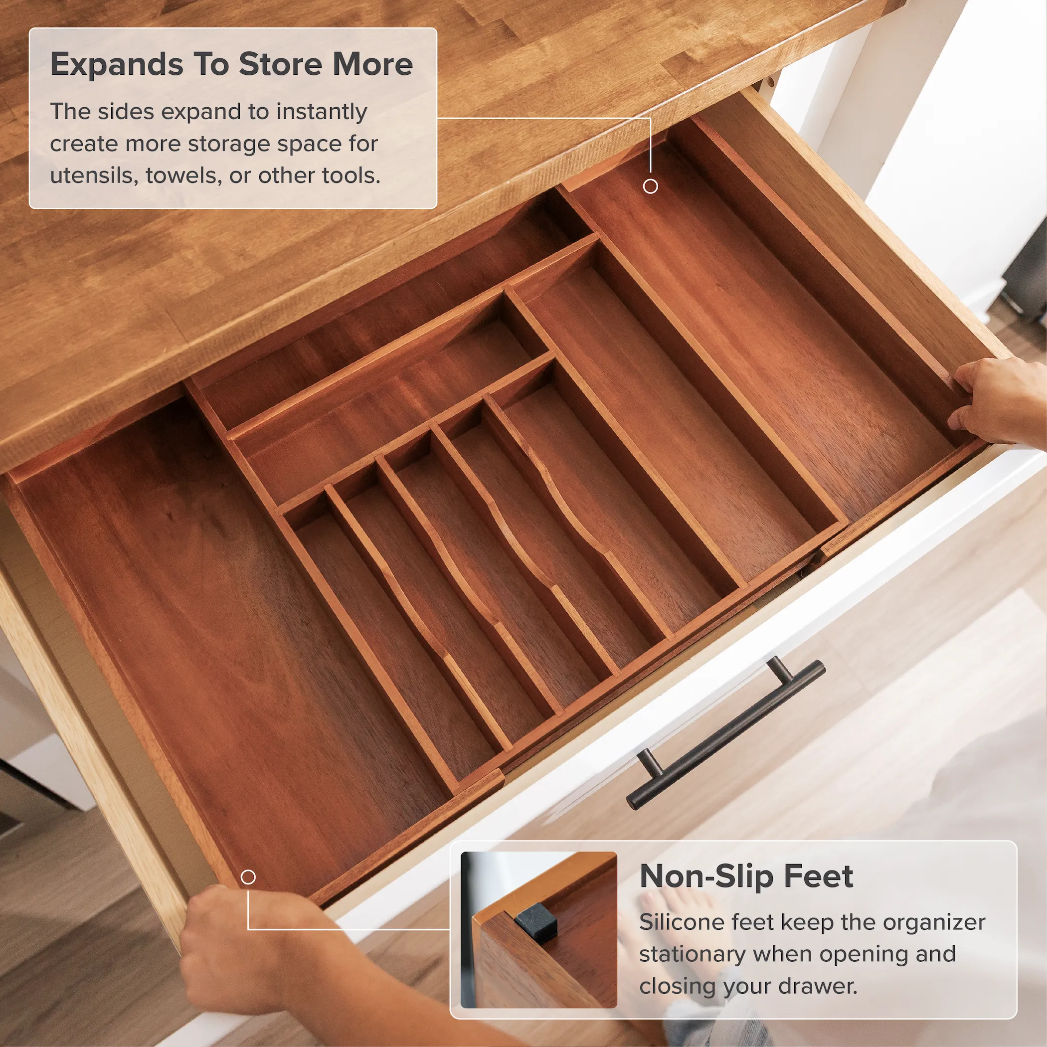 Acacia Drawer Organizer for Silverware & Utensils (Expands 15.75-28in)