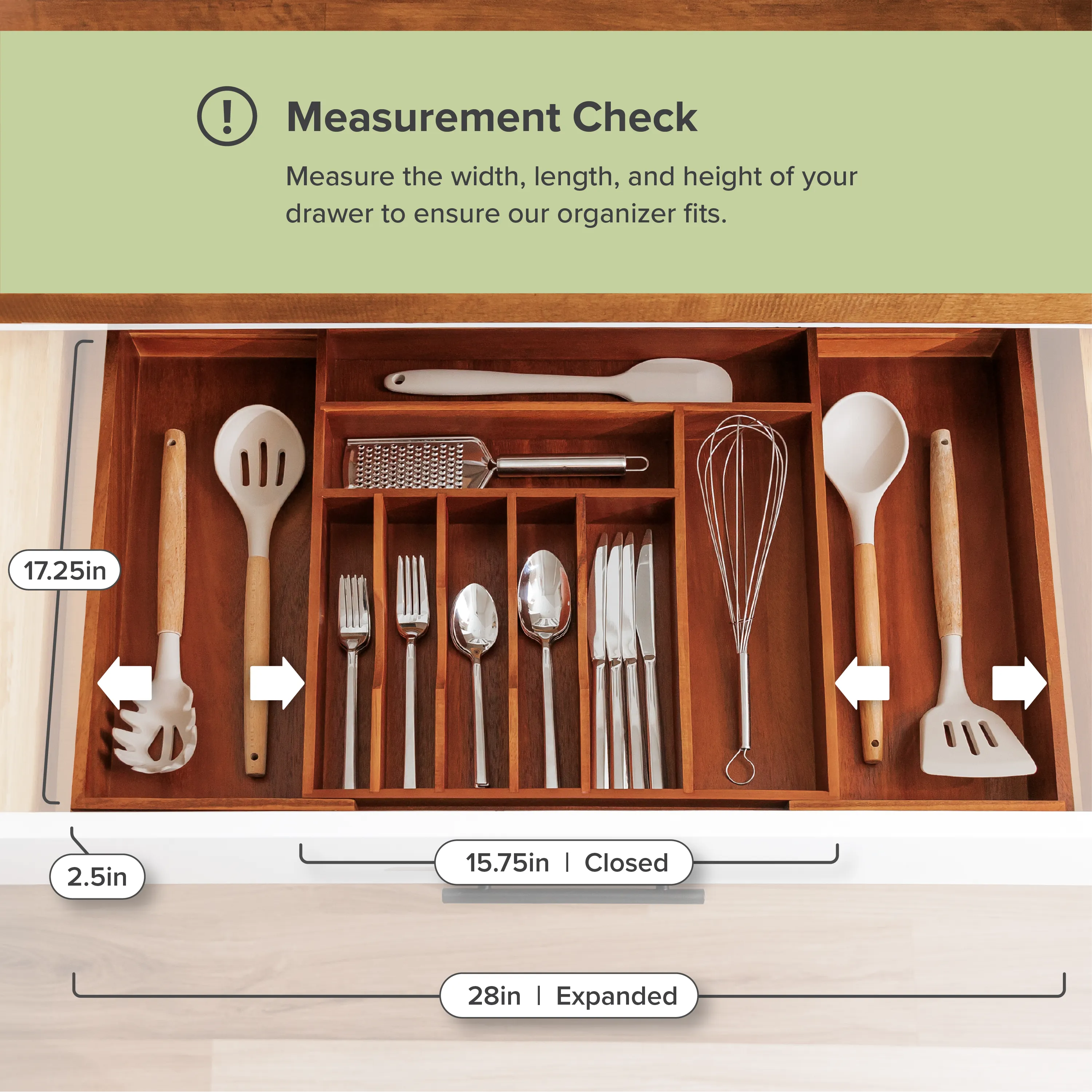Acacia Drawer Organizer for Silverware & Utensils (Expands 15.75-28in)