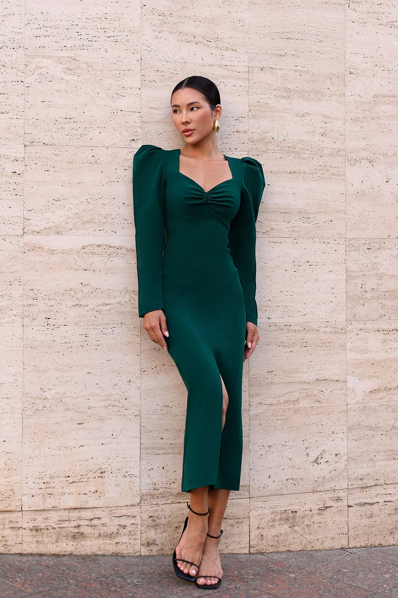 Anne Emerald Puff Sleeve Midi Dress