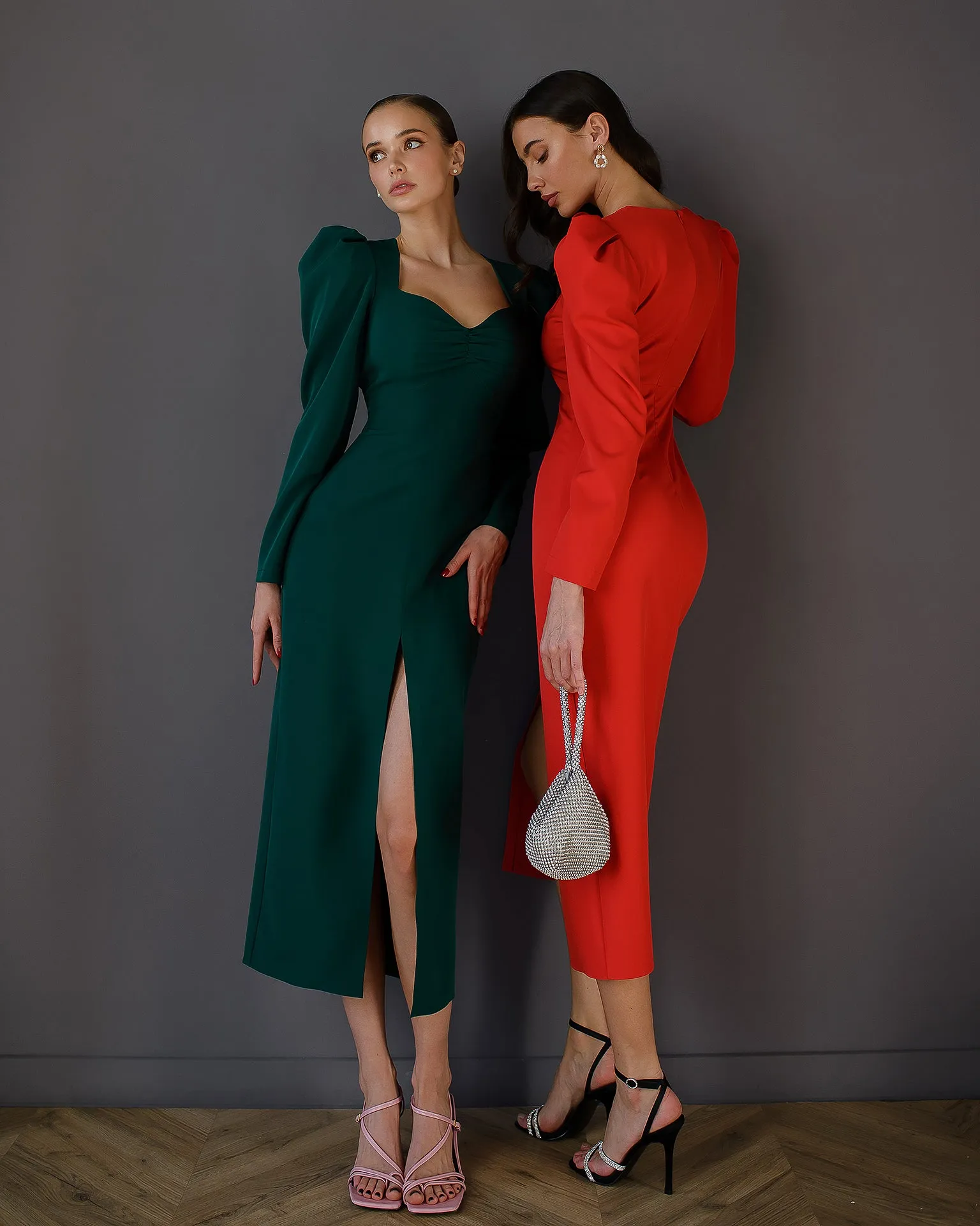 Anne Emerald Puff Sleeve Midi Dress