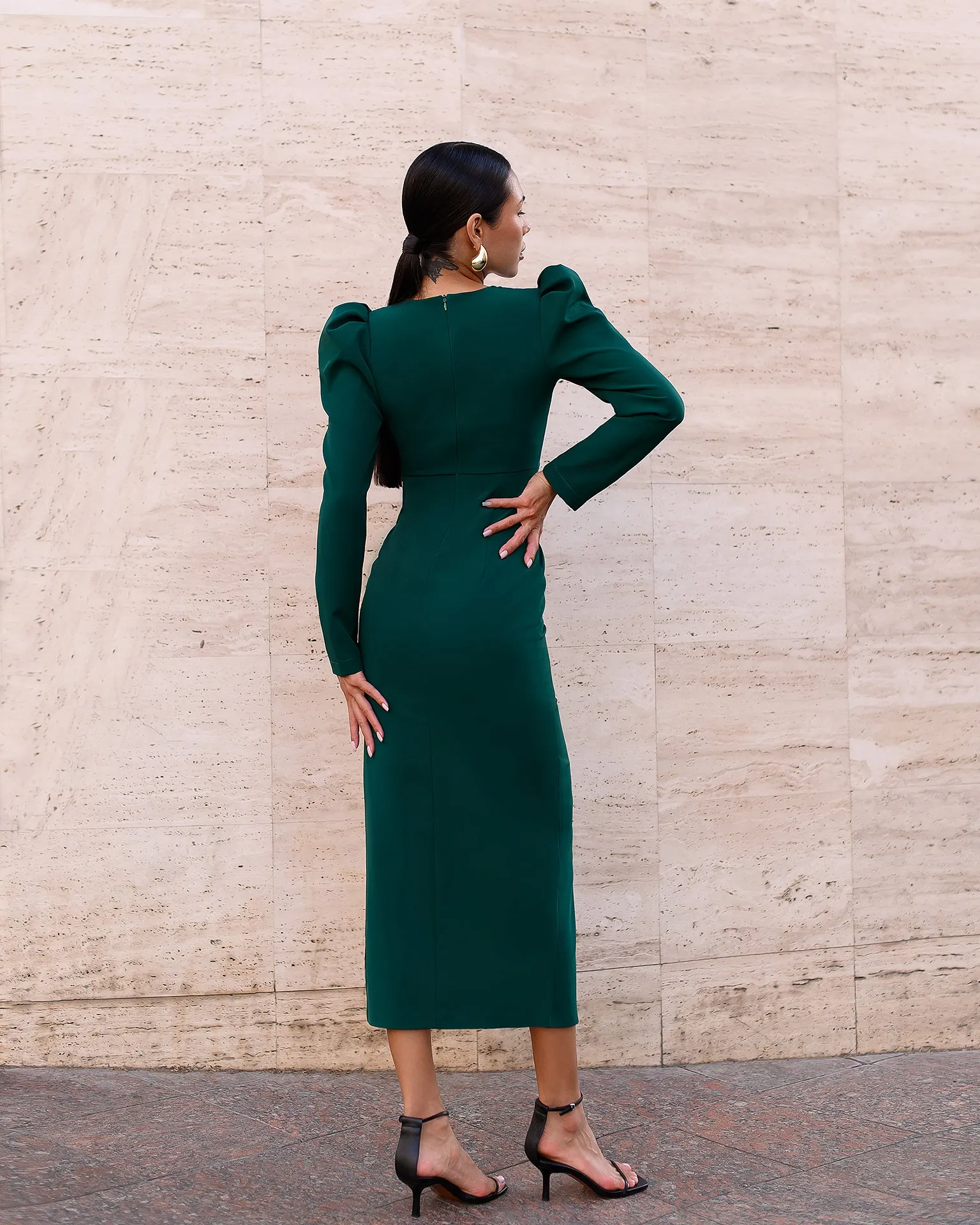 Anne Emerald Puff Sleeve Midi Dress