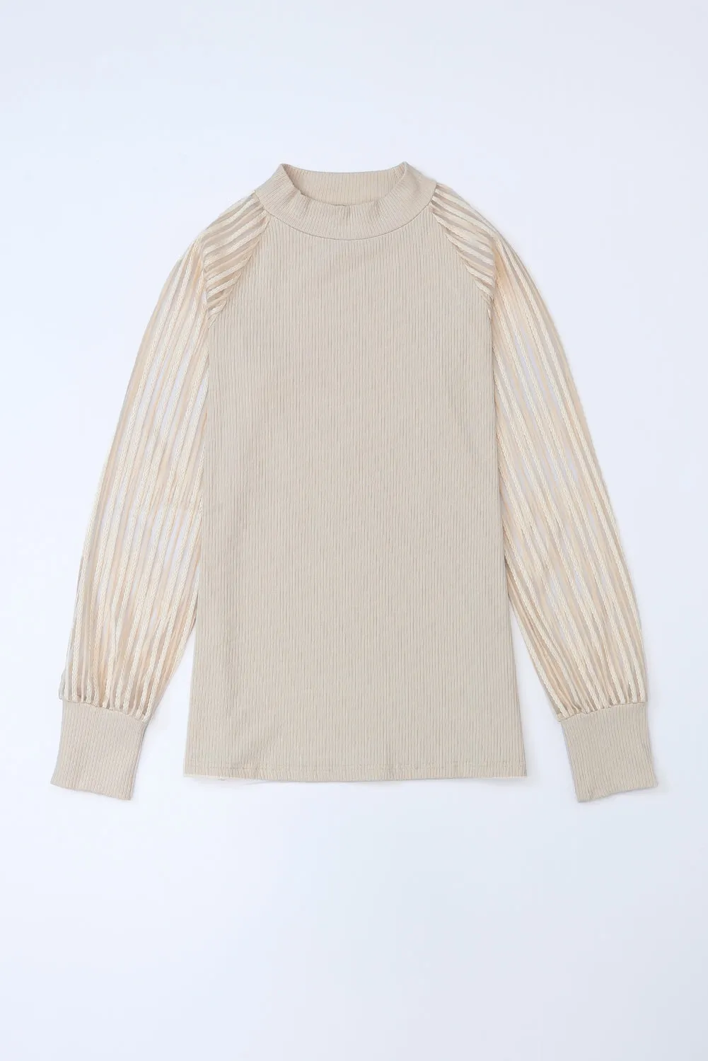Apricot Ribbed Solid Color Striped Mesh Long Sleeve Top