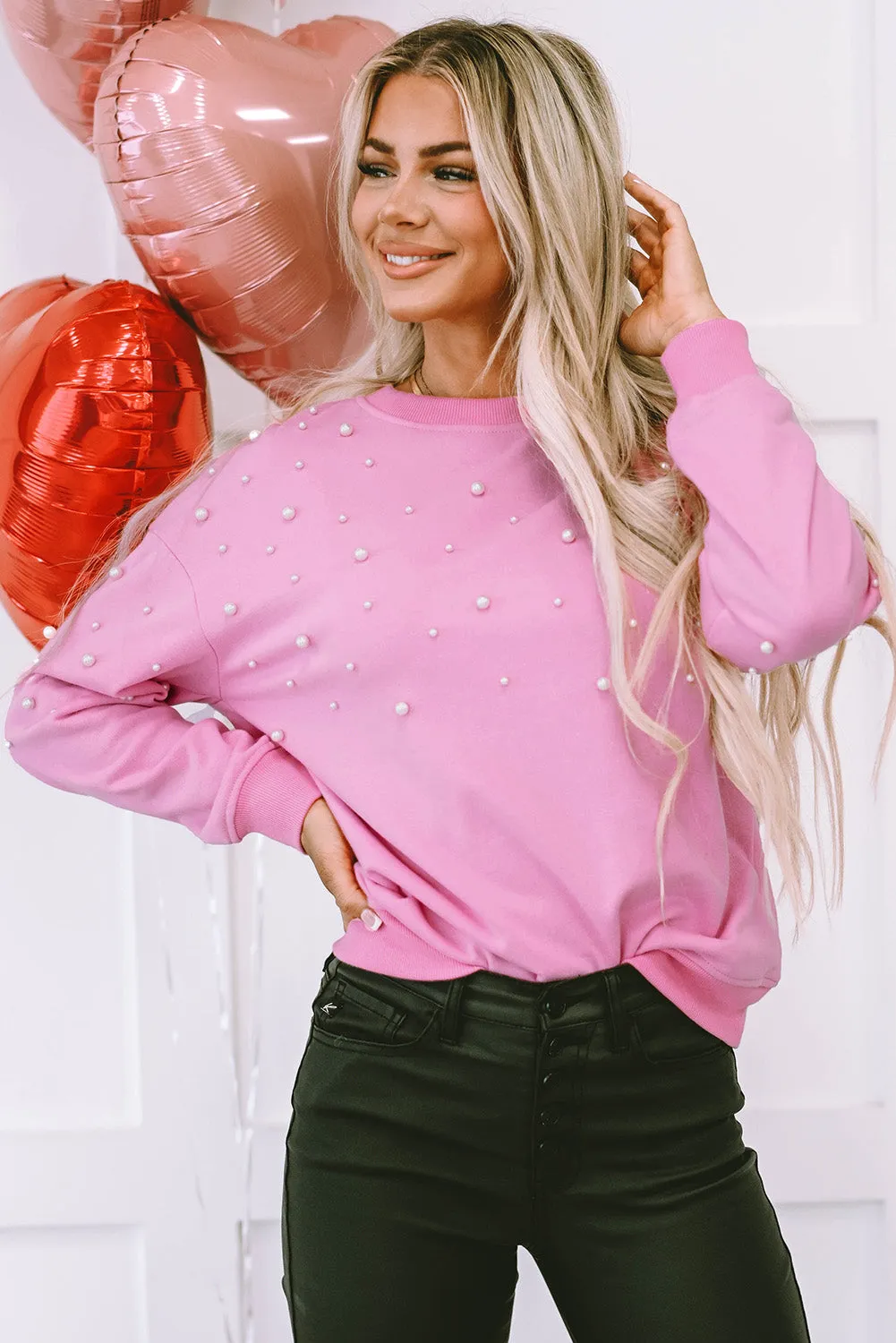 Baby Pink Pearl Detail Ribbed Crew Neck Sweatshirt