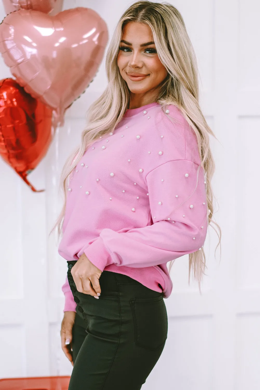 Baby Pink Pearl Detail Ribbed Crew Neck Sweatshirt