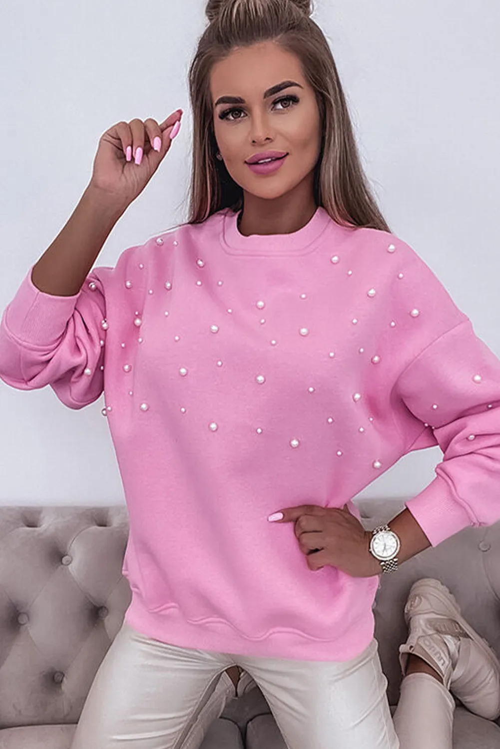 Baby Pink Pearl Detail Ribbed Crew Neck Sweatshirt