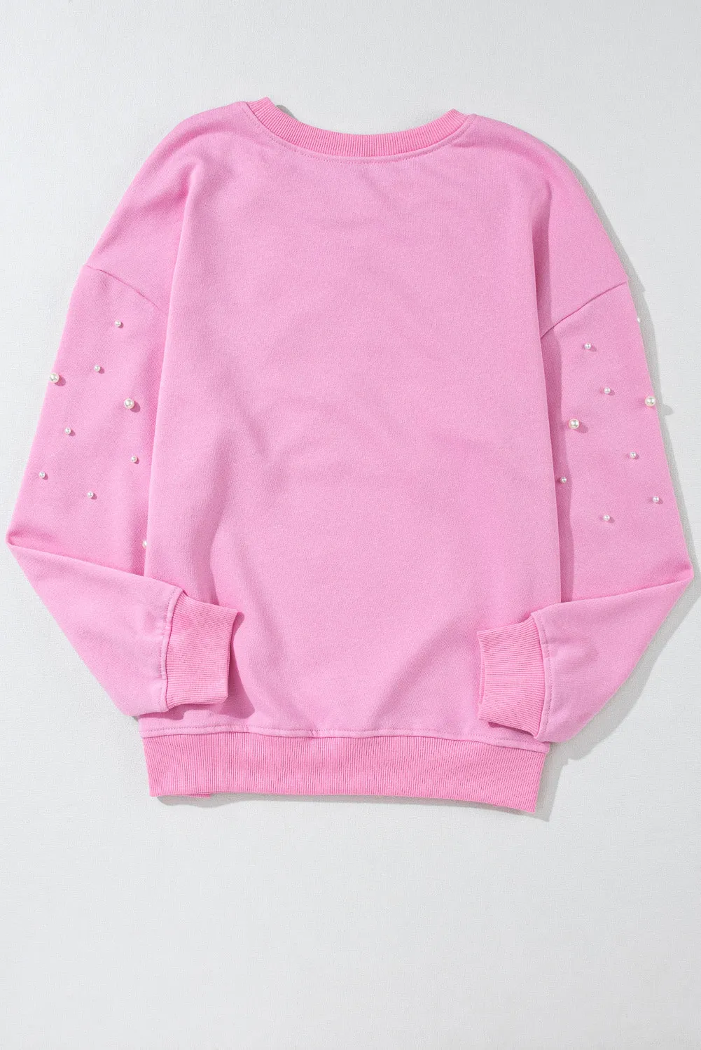 Baby Pink Pearl Detail Ribbed Crew Neck Sweatshirt