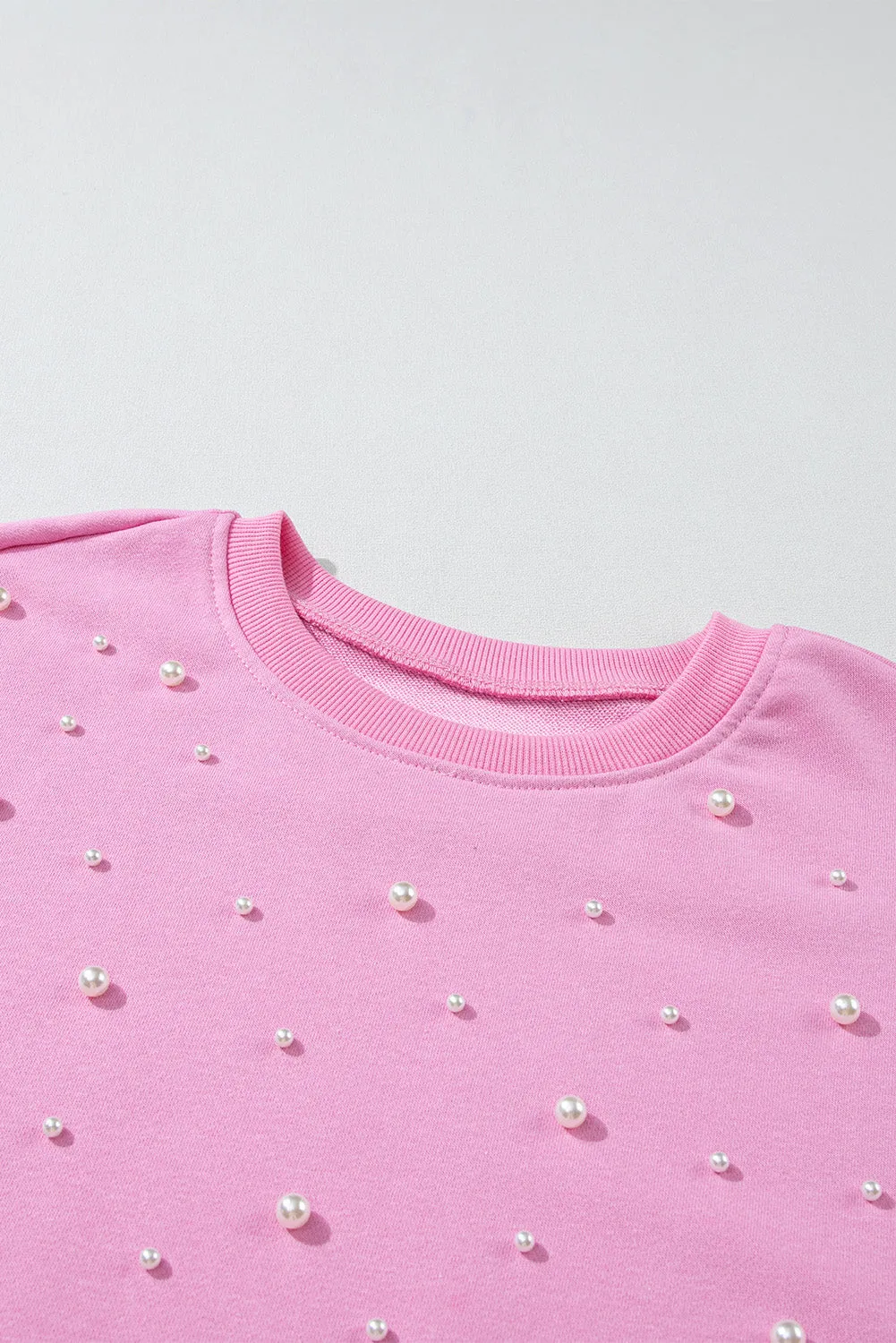 Baby Pink Pearl Detail Ribbed Crew Neck Sweatshirt