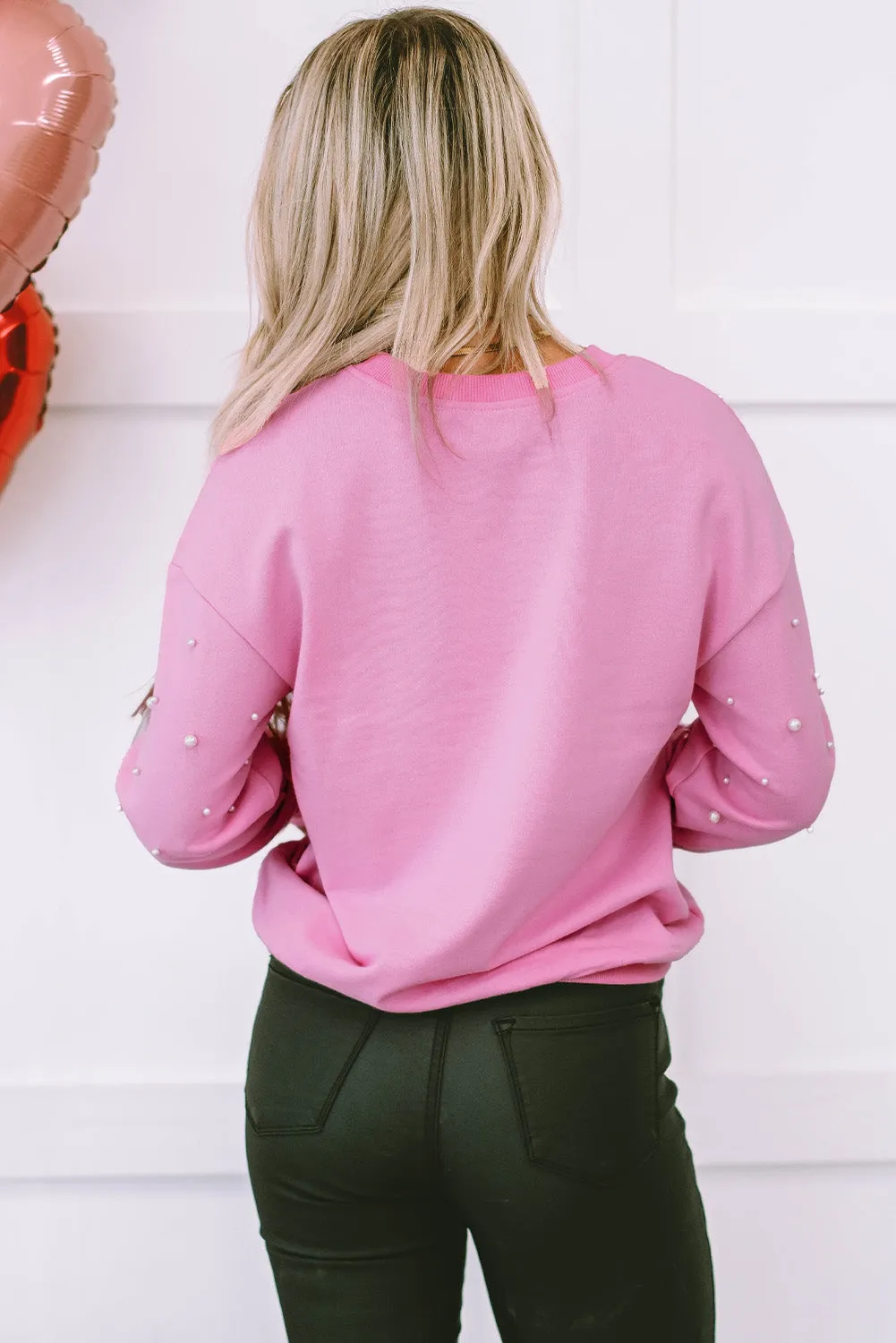 Baby Pink Pearl Detail Ribbed Crew Neck Sweatshirt