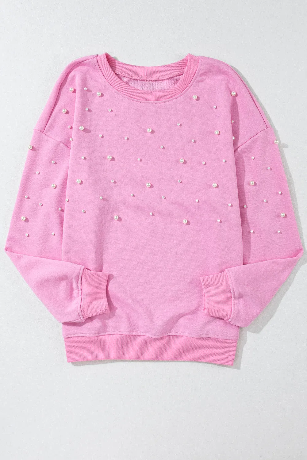 Baby Pink Pearl Detail Ribbed Crew Neck Sweatshirt