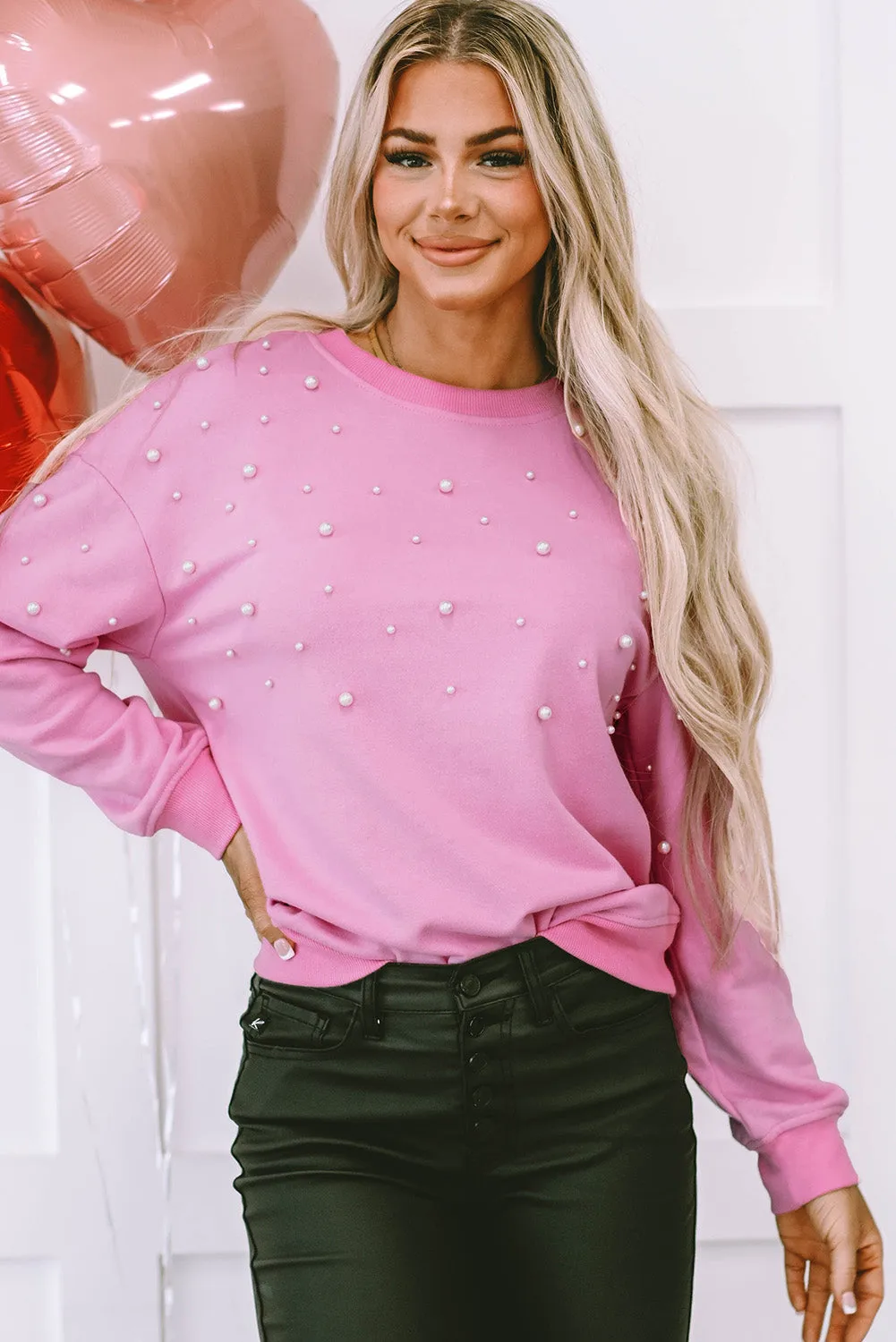 Baby Pink Pearl Detail Ribbed Crew Neck Sweatshirt