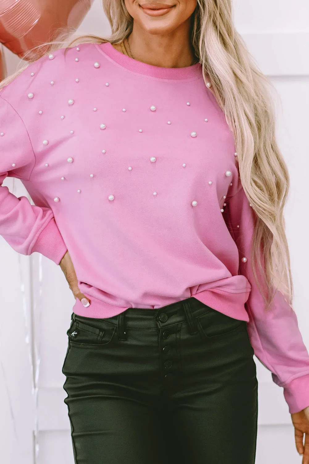 Baby Pink Pearl Detail Ribbed Crew Neck Sweatshirt