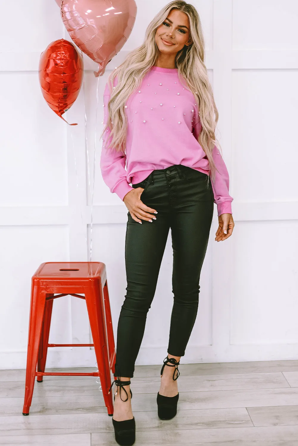 Baby Pink Pearl Detail Ribbed Crew Neck Sweatshirt