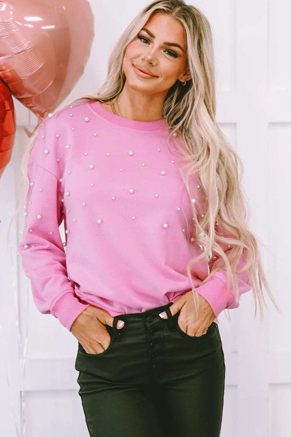 Baby Pink Pearl Detail Ribbed Crew Neck Sweatshirt
