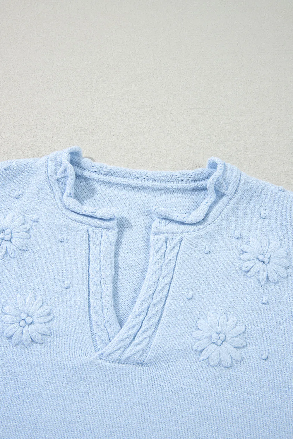 Beau Blue Flower Detail Knitted Notched Neck Sweater