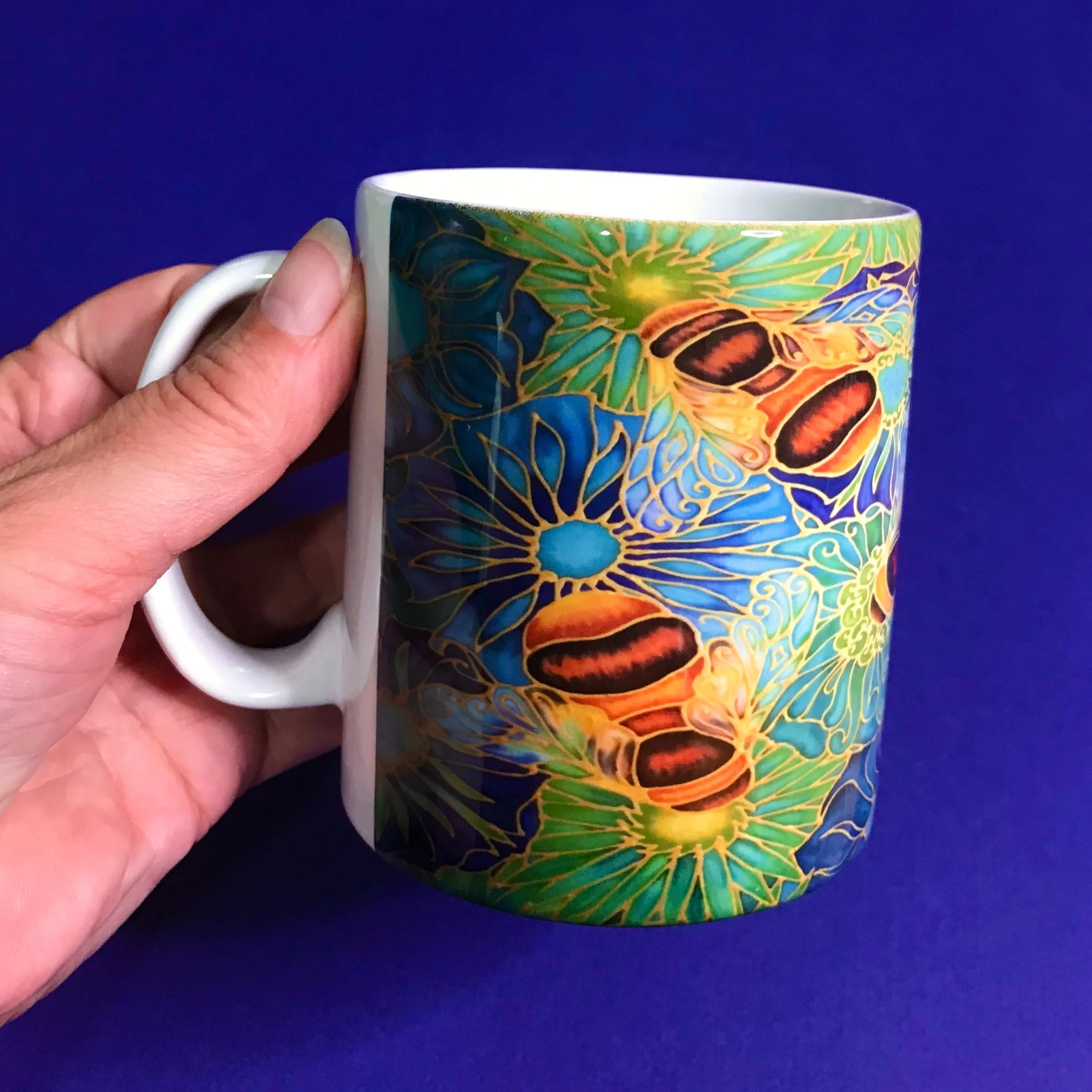Bees and Flowers Mug and Coaster Set - Golden Bumble Bees Mug Gift - Blue Green Flowers and Bee Gift