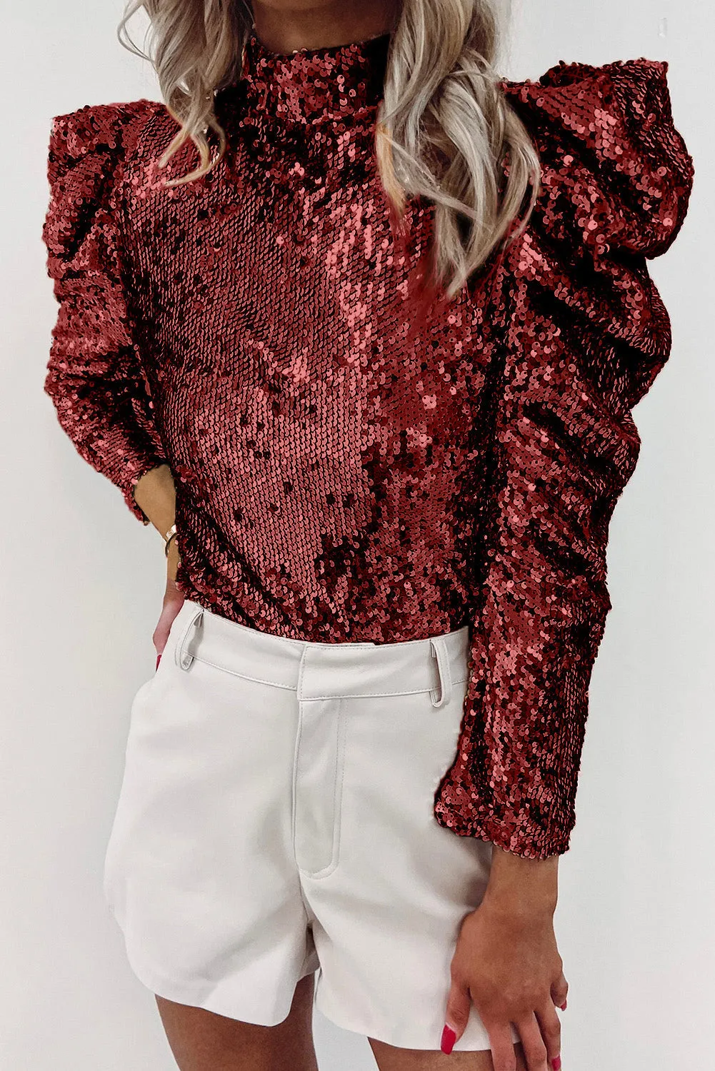 BerryBetty - Burgundy Sequin Mock Neck Bubble Sleeve Top