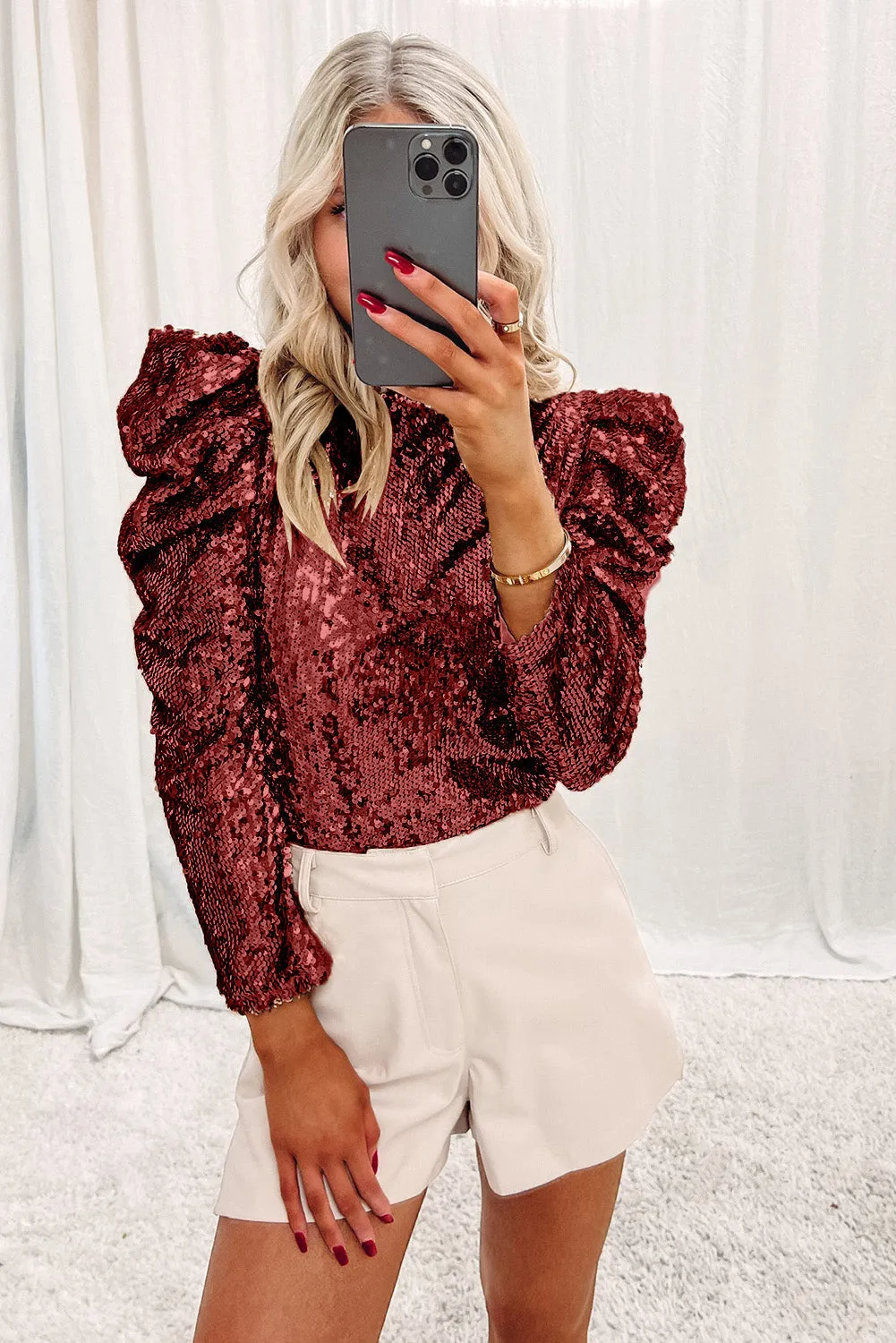 BerryBetty - Burgundy Sequin Mock Neck Bubble Sleeve Top