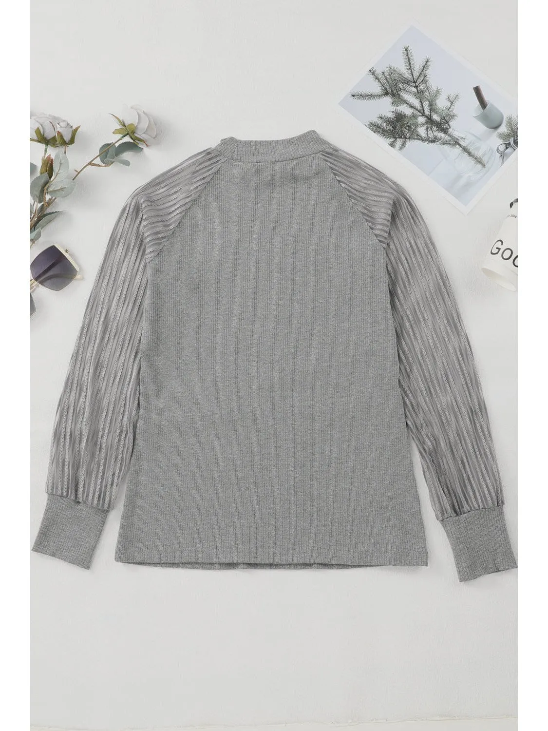 Black Basic Crew Neck Dressy Striped Mesh Long Sleeve Top