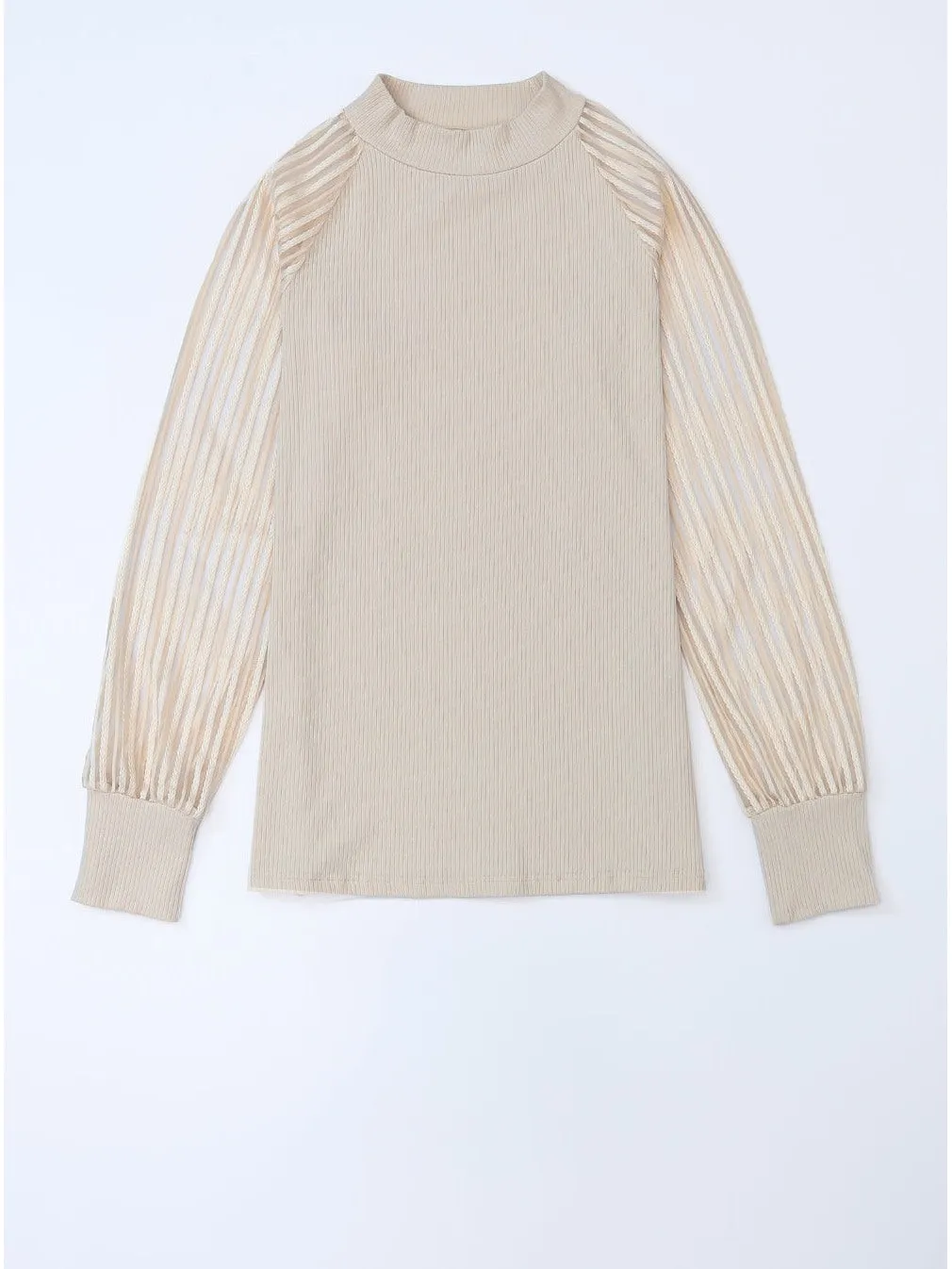 Black Basic Crew Neck Dressy Striped Mesh Long Sleeve Top