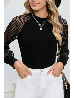 Black Basic Crew Neck Dressy Striped Mesh Long Sleeve Top