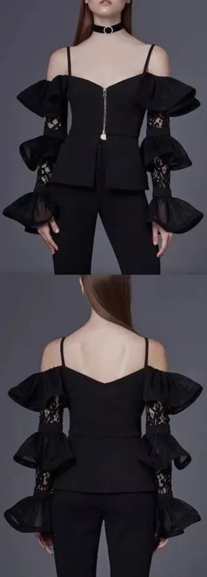 Black Cold-Shoulder Ruffle Tiered Lace-Sleeve Top