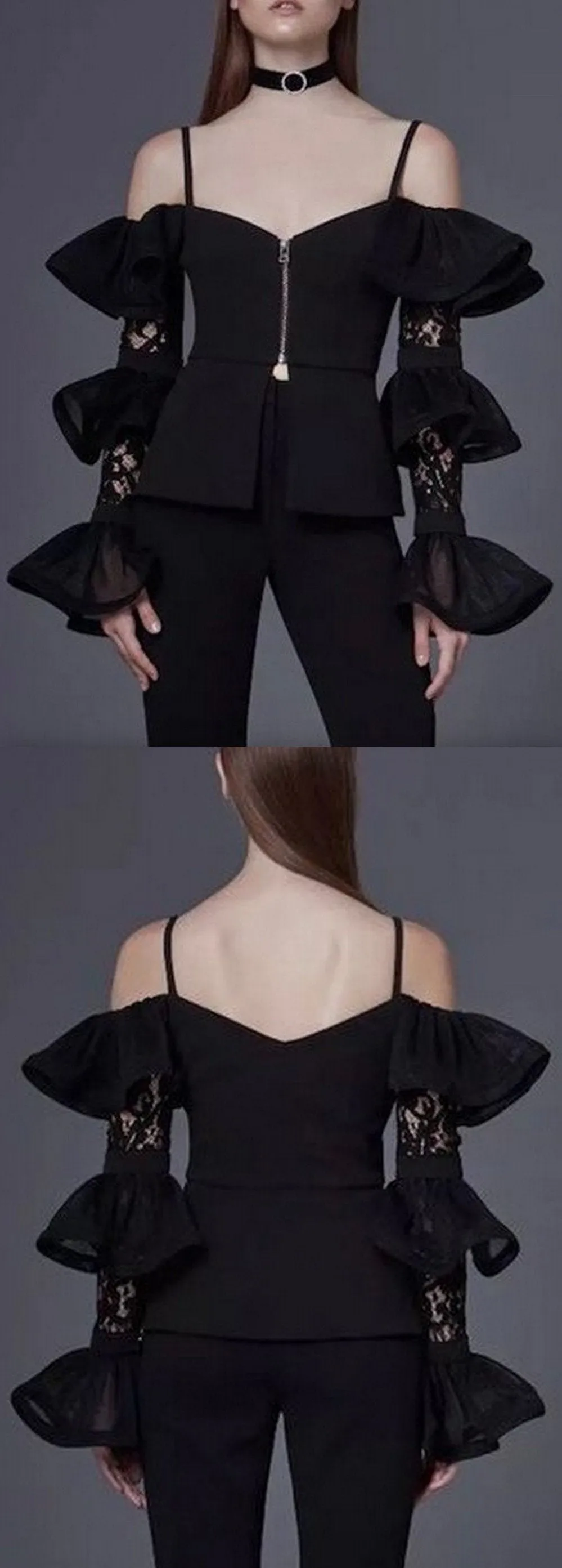 Black Cold-Shoulder Ruffle Tiered Lace-Sleeve Top