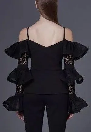 Black Cold-Shoulder Ruffle Tiered Lace-Sleeve Top