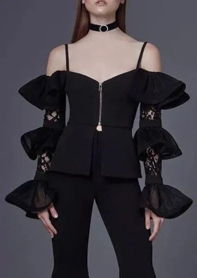 Black Cold-Shoulder Ruffle Tiered Lace-Sleeve Top