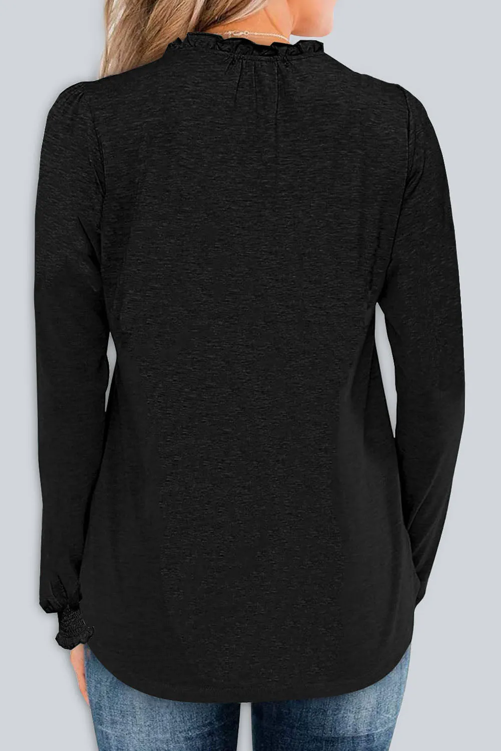 Black Frill V Neck Puff Long Sleeve Top