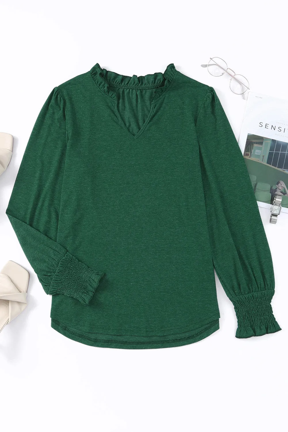 Black Frill V Neck Puff Long Sleeve Top