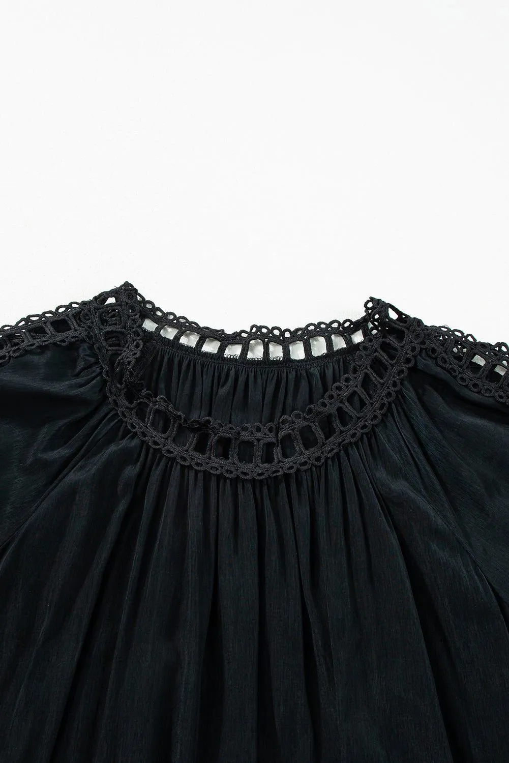 Black Lace Crochet Cut-Out Bracelet Sleeve Ruffle Blouse