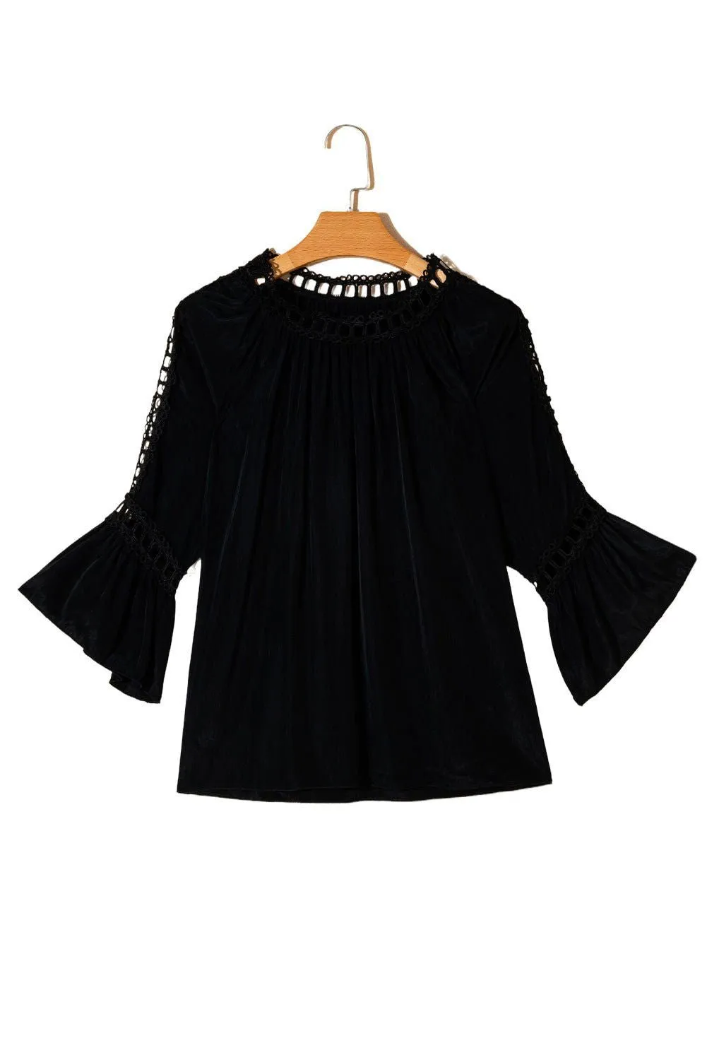 Black Lace Crochet Cut-Out Bracelet Sleeve Ruffle Blouse