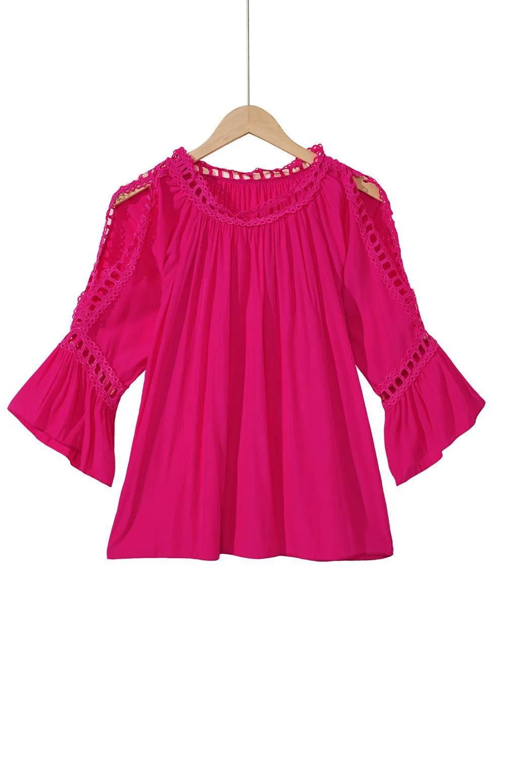 Black Lace Crochet Cut-Out Bracelet Sleeve Ruffle Blouse