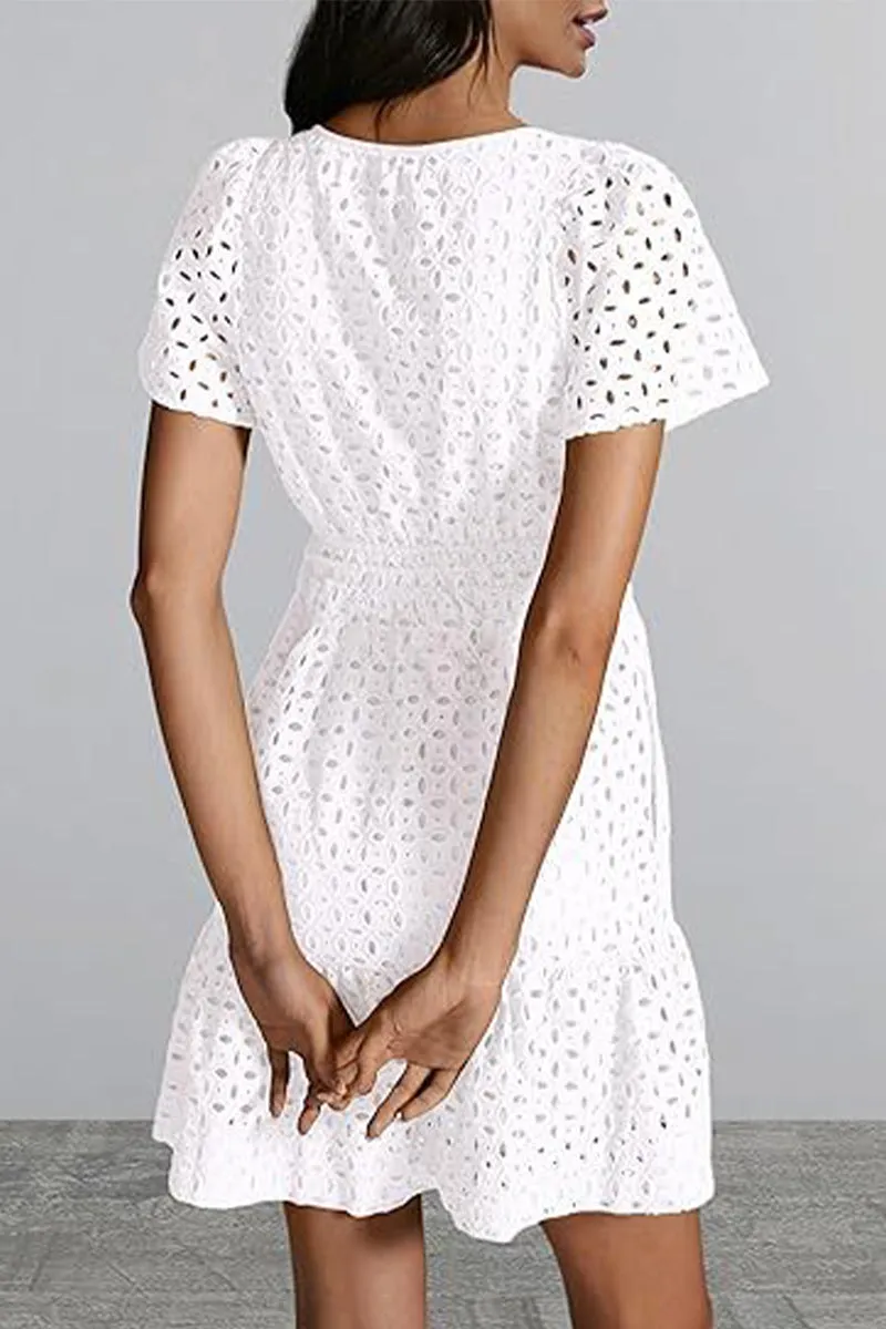Bonnyshow Elegant Solid Lace Hollowed Out V Neck A Line Dresses