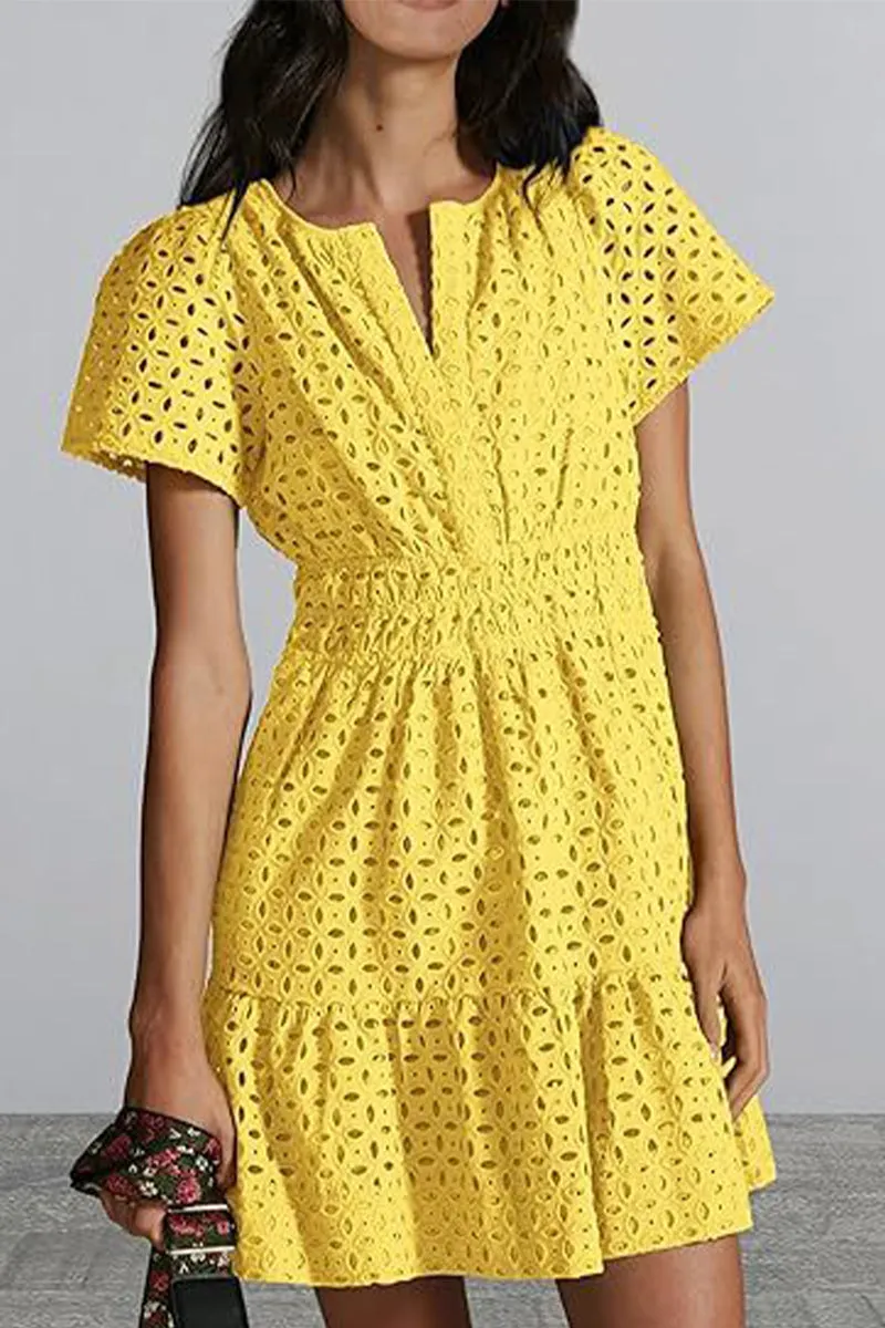 Bonnyshow Elegant Solid Lace Hollowed Out V Neck A Line Dresses