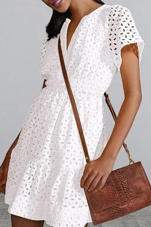 Bonnyshow Elegant Solid Lace Hollowed Out V Neck A Line Dresses