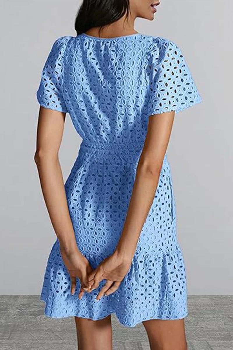 Bonnyshow Elegant Solid Lace Hollowed Out V Neck A Line Dresses