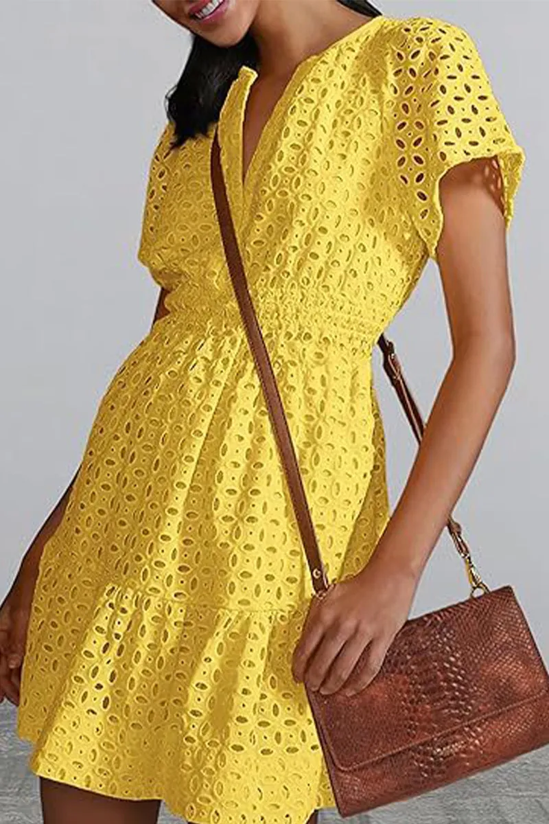 Bonnyshow Elegant Solid Lace Hollowed Out V Neck A Line Dresses